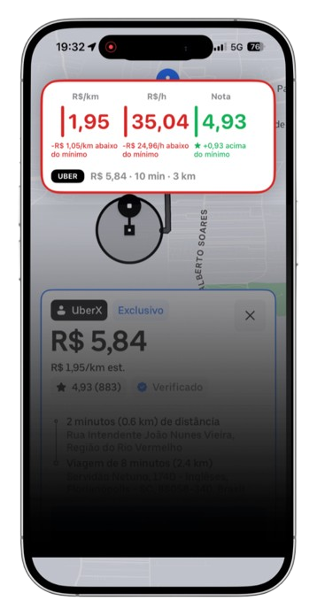 Notificação com R$/km e ganho por hora