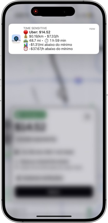 Notificação com R$/km e ganho por hora